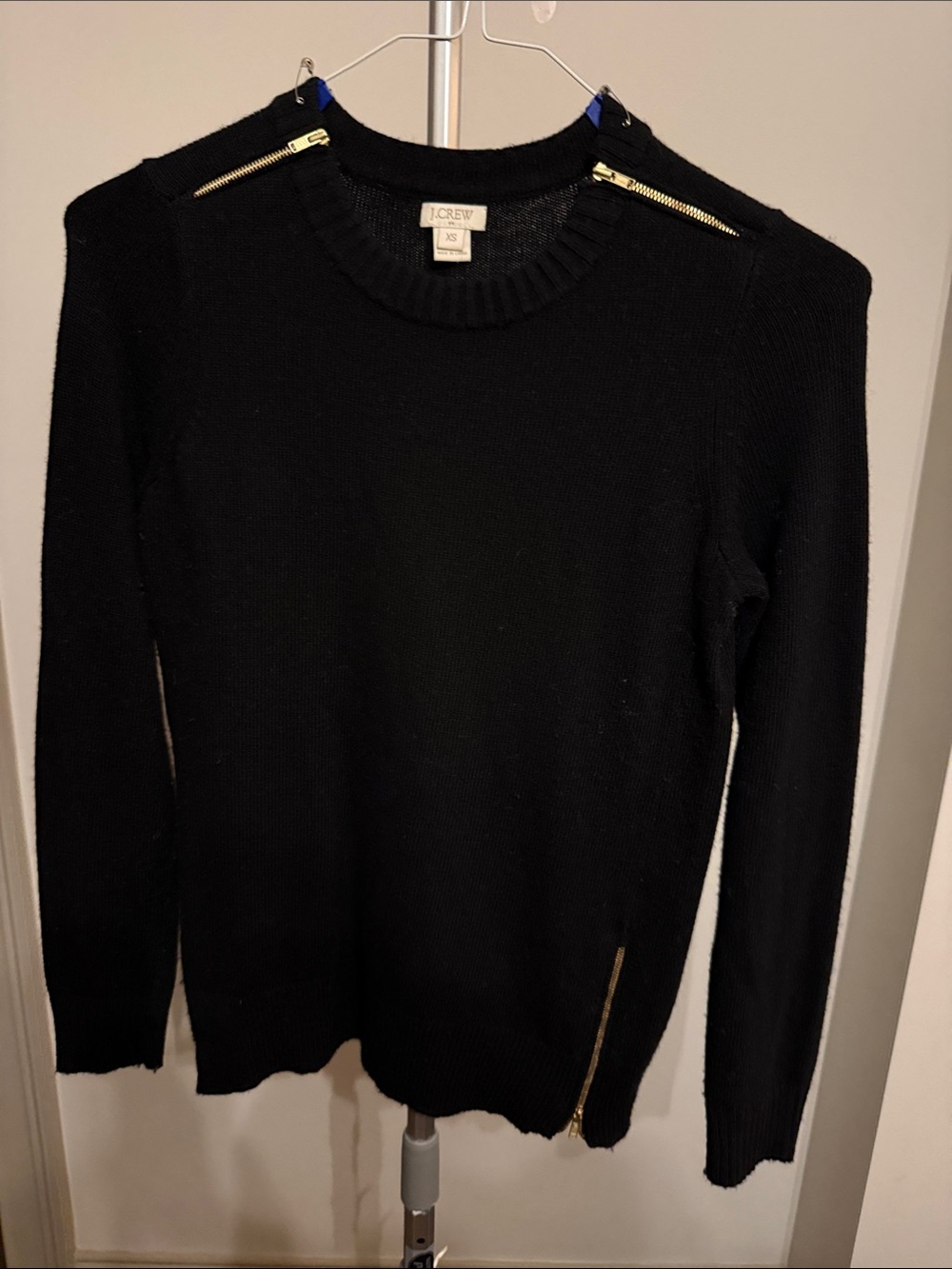J. Crew Black Crewneck Sweater with Gold Zip Accents
